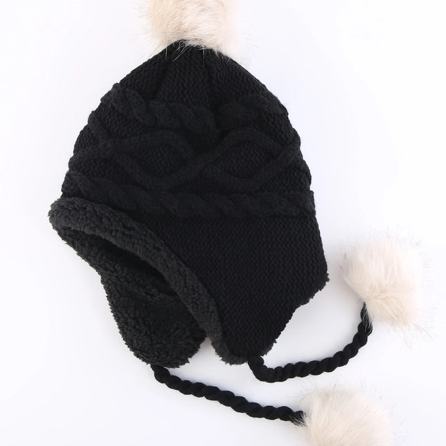 Tupsuilla Koristeltu Sherpa-Vuorattu Perulainen Pipo / Miesten & Naisten - Musta