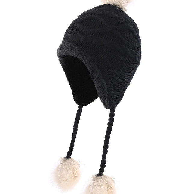 Tupsuilla Koristeltu Sherpa-Vuorattu Perulainen Pipo / Miesten & Naisten - Musta