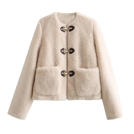 Sherpa-Lyhyt Muistinnilaukeisvarustettu Takki / Naisten - Beige