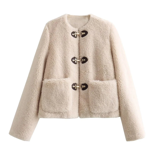 Sherpa-Lyhyt Muistinnilaukeisvarustettu Takki / Naisten - Beige