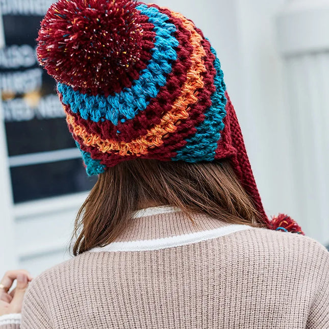 Tupsuilla Koristeltu Sherpa-Vuorattu Perulainen Pipo / Naisten - Punainen