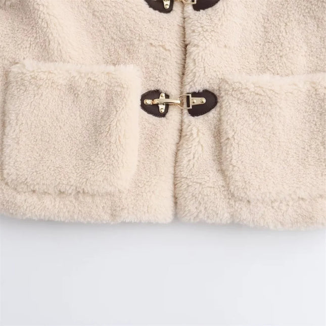 Sherpa-Lyhyt Muistinnilaukeisvarustettu Takki / Naisten - Beige