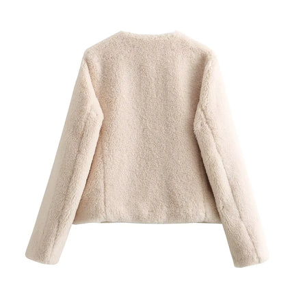 Sherpa-Lyhyt Muistinnilaukeisvarustettu Takki / Naisten - Beige
