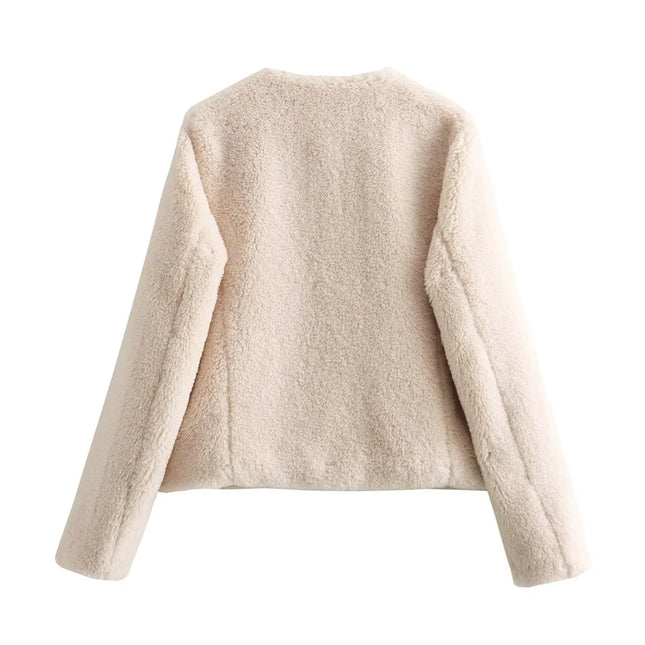 Sherpa-Lyhyt Muistinnilaukeisvarustettu Takki / Naisten - Beige